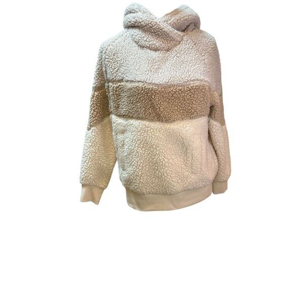 Sherpa Pullover Hoodie Colorblock Beige Cream Warm Cozy - Picture 1 of 7
